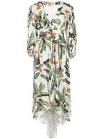 Patbo balloon-sleeved tropical-print midi dress - White