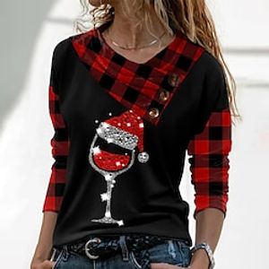 Women's Blouse Shirt Black Graphic Plaid Button Print Long Sleeve Christmas Weekend Basic V Neck Regular S miniinthebox