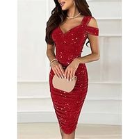 Women's Red Christmas Party Dress New Year's Eve Dress Cocktail Dress Wedding Guest Dress Midi Dress Red Short Sleeve Ruched Spring Fall Winter Spaghetti Strap Lightinthebox - thumbnail