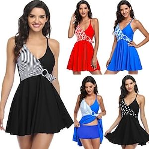 Women's Swimwear Swim Dress Normal Swimsuit 2 Piece Printing Polka Dot Striped Black and white stripes Blue and white stripes white dots on black background Sapphire geometry Red Bathing Suits Sports Lightinthebox