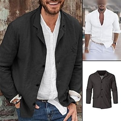 Men's Matching Sets Black Linen Shirt Summer Shirt Beach Shirt Lightweight Jacket Blazer Sets Long Sleeve Lapel Outdoor Daily Plain 2 Piece Polyester Spring   Fall Lightinthebox