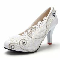8cm White Crystal Lace Bead Flower Wedding Bridal Kitten Heels Pumps - thumbnail