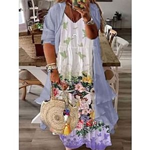 Women's Plus Size Casual Dress Dress Set Two Piece Dress Floral Long Dress Maxi Dress 34 Length Sleeve Print V Neck Fashion Daily Pink Wine Spring Summer L XL XXL 3XL Lightinthebox