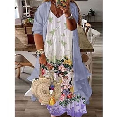 Women's Plus Size Casual Dress Dress Set Two Piece Dress Floral Long Dress Maxi Dress 34 Length Sleeve Print V Neck Fashion Daily Pink Wine Spring Summer L XL XXL 3XL Lightinthebox