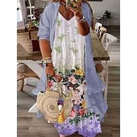 Women's Plus Size Casual Dress Dress Set Two Piece Dress Floral Long Dress Maxi Dress 34 Length Sleeve Print V Neck Fashion Daily Pink Wine Spring Summer L XL XXL 3XL Lightinthebox - thumbnail