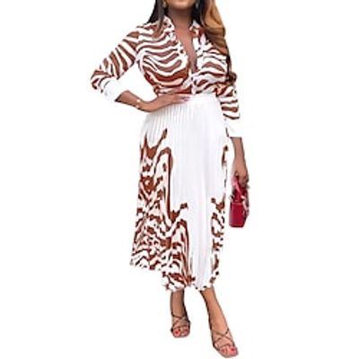 Women's Two Piece Dress Set Party Dress Skirt Set Formal Party Elegant Fashion Pleated Button Long Dress Maxi Dress Shirt Collar Long Sleeve Abstract Loose Fit Black Brown Green Fall Winter S M L XL Lightinthebox