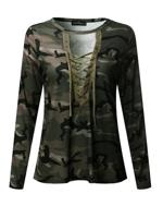 Sexy Camouflage Printed Bandage V-Neck Long Sleeve Tops - thumbnail