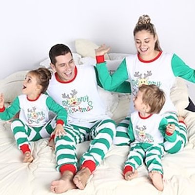 Family Christmas Pajamas Animal Letter Home Print Green Long Sleeve Mommy And Me Outfits Active Matching Outfits Lightinthebox