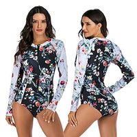 Women's One Piece Swimsuit Rash Guard Elastane Bodysuit Bathing Suit UV Sun Protection UPF50 Breathable Stretchy Long Sleeve Front Zip - Swimming Surfing Beach Water Sports Floral / Botanical Autumn miniinthebox - thumbnail