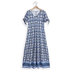 Women's Casual Dress Summer Dress Floral Print Cold Shoulder V Neck Midi Dress Vintage Ethnic Street Holiday Short Sleeve Regular Fit Navy Blue Summer Spring S M L XL 2XL Lightinthebox