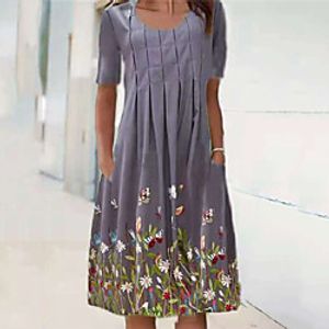 Women's A Line Dress Midi Dress Dark Gray Short Sleeve Floral Butterfly Ruched Pocket Print Summer Round Neck Casual 2021 S M L XL XXL Lightinthebox
