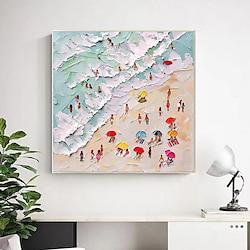 Summer Beach Oil Painting On Canvas Happy Coast Swimming Surfing Handmade Painting Texture Wall Art Abstract Summer Seaside Painting For Living Room Deocr Frame Ready To Hang Lightinthebox