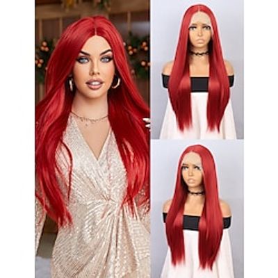 Synthetic Lace Wig Straight Style 26 inch Red  White Middle Part T Part Wig Women's Wig Red  White Christmas Party Wigs Lightinthebox