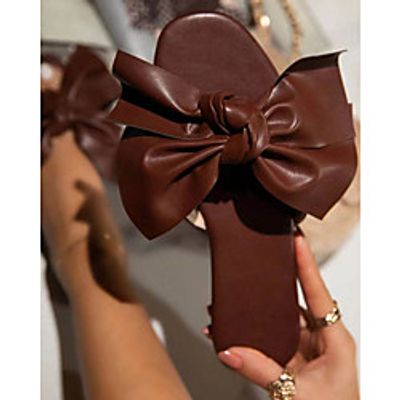 Women's Slippers  Flip-Flops Flat Heel Open Toe PU Bowknot Solid Colored Almond Black Yellow miniinthebox