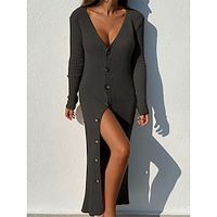 Women's Work Dress Black Dress Casual Dress Elegant Winter Dress Daily Long Dress Maxi Dress Button V Neck Long Sleeve Plain Regular Fit Black White Pink Spring Fall S M L XL XXL Lightinthebox - thumbnail