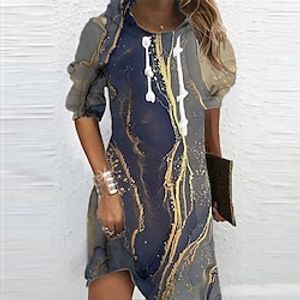 Women's Hoodie Dress Shift Dress Blue Khaki Long Sleeve Color Gradient Print Winter Fall Hooded Vacation Casual Fall Dress 2022 S M L XL XXL 3XL / Winter Dress miniinthebox