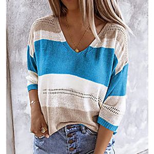 Women's Color Block Pullover Cotton 3/4 Length Sleeve Sweater Cardigans V Neck Fall Winter Blue Green Gray miniinthebox