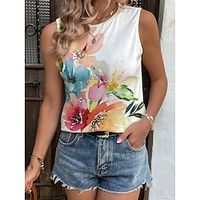 Women's Tank Top Wine Red Pink Blue Floral Abstract Print Sleeveless Casual Holiday Basic Round Neck Regular Floral S miniinthebox