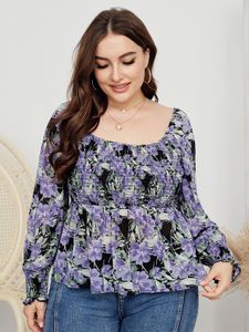 Plus Size Square Neck Floral Print Shirring Blouse
