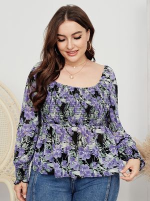Plus Size Square Neck Floral Print Shirring Blouse
