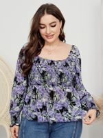 Plus Size Square Neck Floral Print Shirring Blouse - thumbnail
