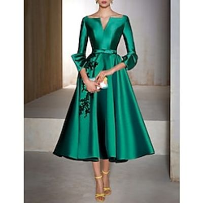A-Line Cocktail Dresses Floral Dress Wedding Wedding Guest Tea Length 34 Length Sleeve V Neck Satin with Bow(s) Appliques 2023 Lightinthebox
