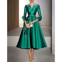A-Line Cocktail Dresses Floral Dress Wedding Wedding Guest Tea Length 34 Length Sleeve V Neck Satin with Bow(s) Appliques 2023 Lightinthebox - thumbnail