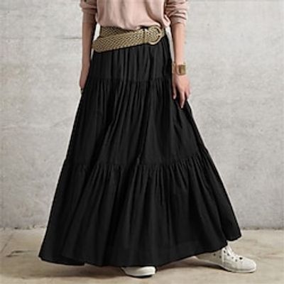 Women's Skirt Swing Long Skirt Maxi Cotton Black Wine Purple Brown Skirts Ruched Ruffle Fashion Casual Street Daily S M L miniinthebox