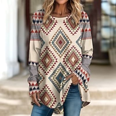 Women's T shirt Tee Blue Purple Green Tribal Print Long Sleeve Daily Weekend Ethnic Round Neck Regular Fit Geometric Painting Spring   Fall Lightinthebox