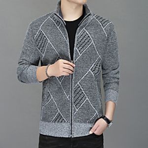 Men's Unisex Stylish Vintage Style Zipper Front Stripe Knitted Color Block Geometric Cardigan Sweater Long Sleeve Sweater Cardigans Stand Collar Turtleneck Fall Winter Light gray Dark Gray Navy Blue miniinthebox
