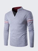Mens Fashion Chinese Collar V-neck Printing Long Sleeve Casual T-shirt