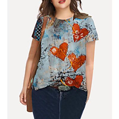 Women's Plus Size Tops T shirt Print Graphic Heart Large Size Crewneck Short Sleeve Basic Big Size XL XXL 3XL 4XL 5XL Blue Lightinthebox