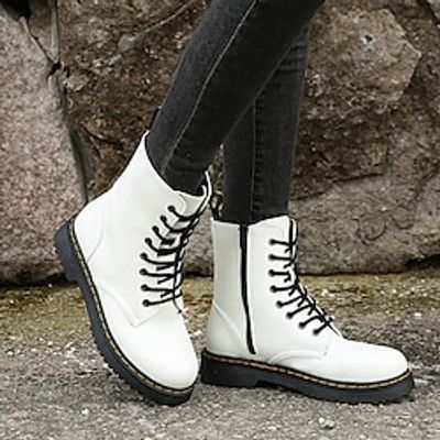 Women's Boots Combat Boots Plus Size Outdoor Daily Booties Ankle Boots Flat Heel Round Toe Elegant Plush Casual PU Lace-up Solid Color Black White miniinthebox