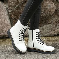 Women's Boots Combat Boots Plus Size Outdoor Daily Booties Ankle Boots Flat Heel Round Toe Elegant Plush Casual PU Lace-up Solid Color Black White miniinthebox - thumbnail