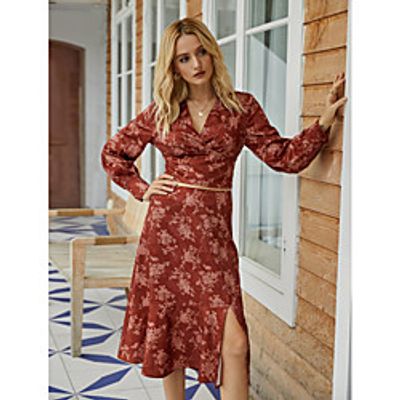 Women's Blouse Shirt Floral Leaf Flower Long Sleeve Print V Neck Vintage Streetwear Tops Red miniinthebox