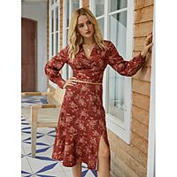 Women's Blouse Shirt Floral Leaf Flower Long Sleeve Print V Neck Vintage Streetwear Tops Red miniinthebox - thumbnail