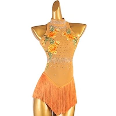 Figure Skating Dress Women's Girls' Ice Skating Dress Orange Patchwork Open Back Mesh High Elasticity Training Competition Skating Wear Classic Sleeveless Ice Skating Figure Skating Lightinthebox
