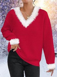 Women's Solid Color Plaid V Fur Collar Sweatshirt Christmas Party Sweatshirt