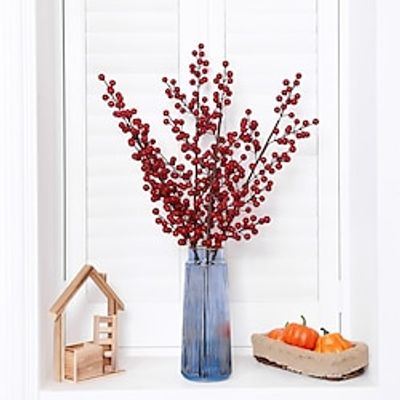 2pcs Artificial Red Berry Stems Branches,Faux Berries Fake Flower for Christmas Year DIY Floral Art Plant Home Office Party Decoration miniinthebox