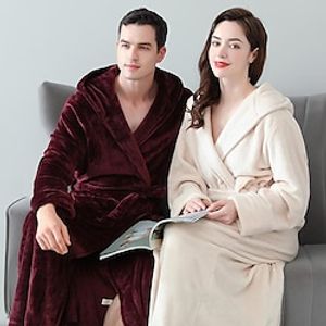 Winter Bathrobe Thickened And Long Women's Winter Coral Fleece Men's Hooded Bathrobe Couple Hooded Flannel NightGownfor miniinthebox