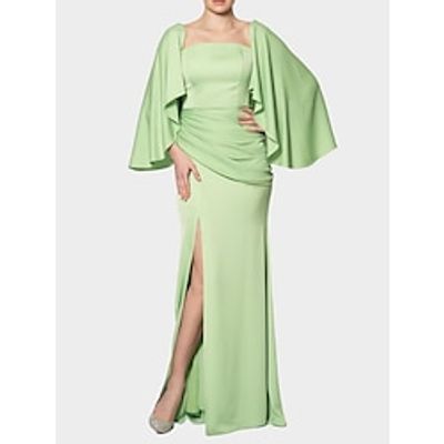 Sheath  Column Evening Gown Elegant Dress Formal Christmas Red Green Dress Sweep  Brush Train Long Sleeve Square Neck Stretch Chiffon with Pleats Ruched Slit 2023 Lightinthebox