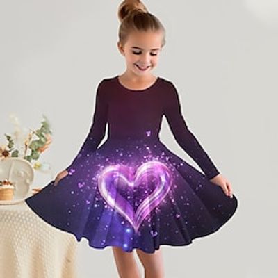 Valentines Girls' 3D Heart Dress Long Sleeve 3D Print Spring Fall Sports  Outdoor Daily Holiday Cute Casual Beautiful Kids 3-12 Years Casual Dress A Line Dress Above Knee Polyester Regular Fit Lightinthebox