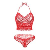 Sexy Deep Plunge Lace Halter Unlined Hollow Out Bralettes Bra Set