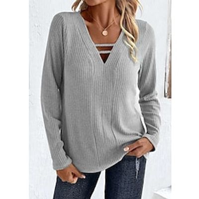 Women's T shirt Tee Textured Plain Gray Long Sleeve Daily Weekend Fashion V Neck Regular Fit Spring Fall Lightinthebox Women's T shirt Tee Textured Plain Gray Long Sleeve Daily Weekend Fashion V Neck Regular Fit Spring Fall Lightinthebox