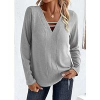 Women's T shirt Tee Textured Plain Gray Long Sleeve Daily Weekend Fashion V Neck Regular Fit Spring   Fall Lightinthebox - thumbnail