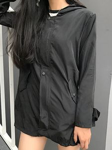 Hooded Single Breasted Zips Decorative Button Letters Long Sleeve Trench Coats