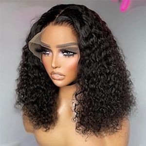 Transparent Kinky Curly Lace Front Wig Human Hair Pre Plucked for Black Women Glueless 16 Inch Deep Jerry Curly Wave 13x4 Lace Frontal Wigs Human Hair Wet and Wavy 150% Density Natural Color Lightinthebox