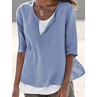 Women's Shirt Blouse Black White Pink Plain Half Sleeve Holiday Casual Beach V Neck Regular S miniinthebox - thumbnail