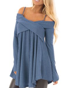 Blue Crossed Front Design Off The Shoulder Long Sleeves Sweater
