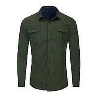 Men's Shirt Solid Color Button-Down Long Sleeve Casual Tops Cotton Casual Fashion Breathable Army Green Gray Navy Blue miniinthebox - thumbnail